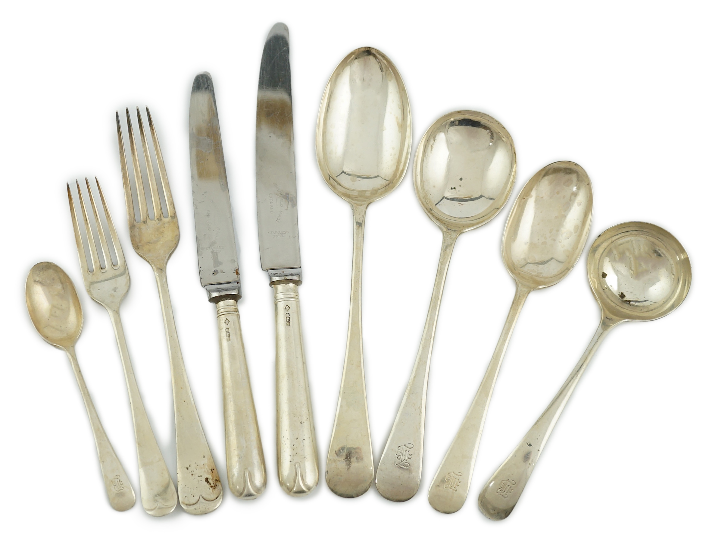 A part canteen of George VI silver Old English pattern flatware by Walker & Hall